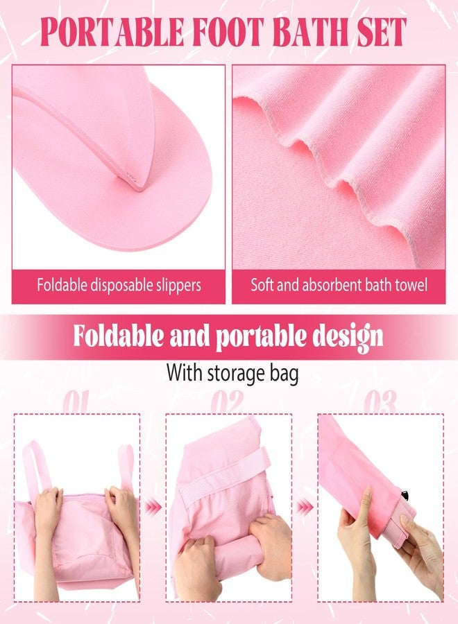 FillTouch مجموعة فيل تاتش المكونة من 6 قطع باللون الوردي، تتضمن حوض استحمام للقدمين قابل للطي سعة 15 لترًا، ومناشف قابلة للطي، ونعال قابلة للطي للنساء البالغات، وحقيبة محمولة، وحوض استحمام للقدمين، ومستلزمات حفلات السبا وحفلات المبيت. - Image 4